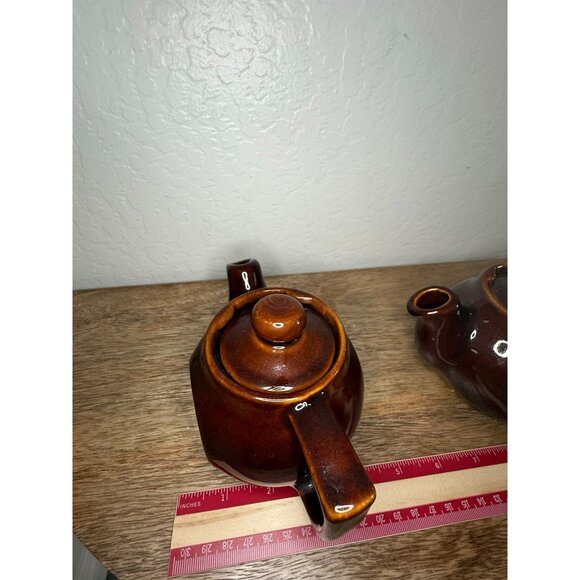 Vintage 1950s Brown Drip Glaze Personal Tea Pots With Lids - Set Of 2 - Made In - Picture 9 of 15